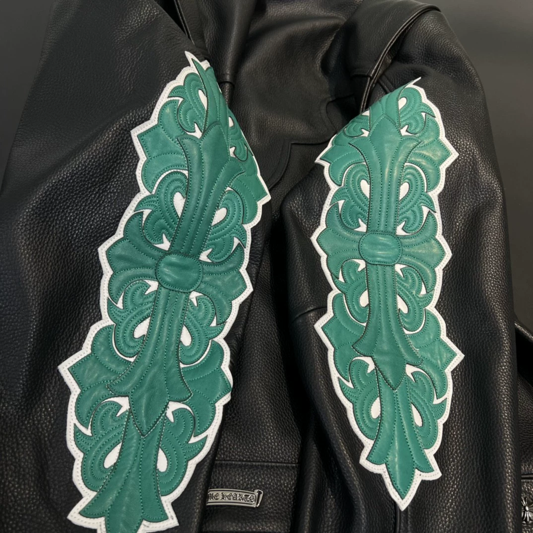 Chrome Hearts green leather jacket with leather arm protectors - Image 6