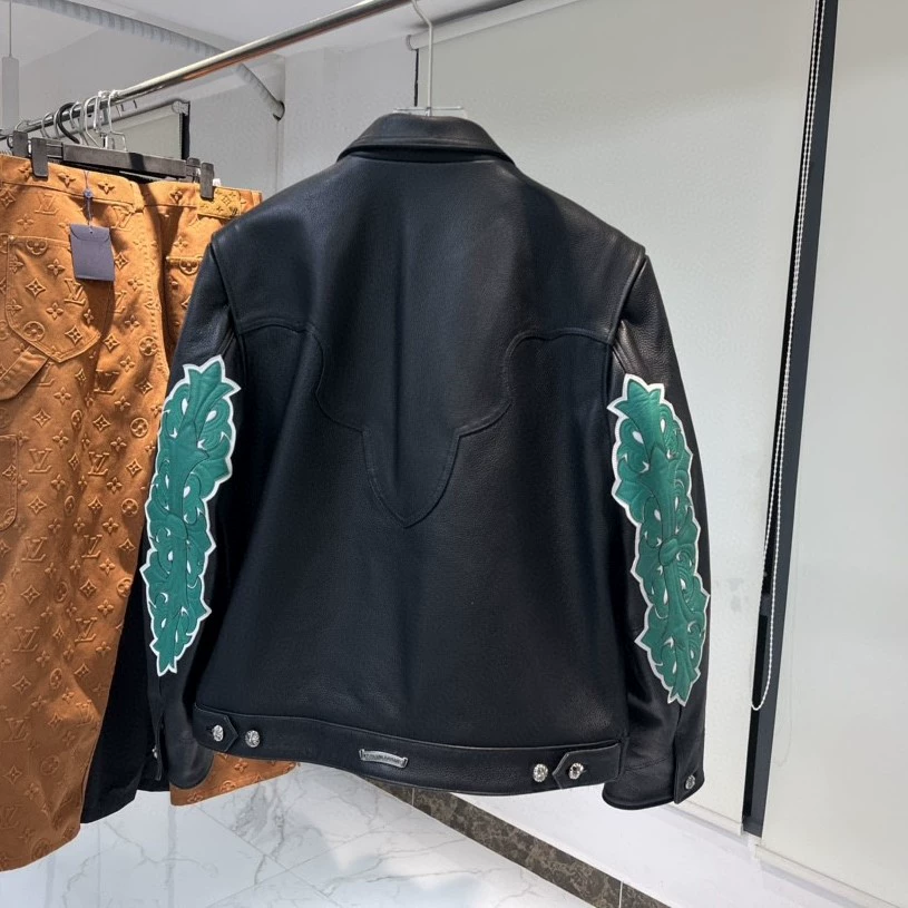 Chrome Hearts green leather jacket with leather arm protectors