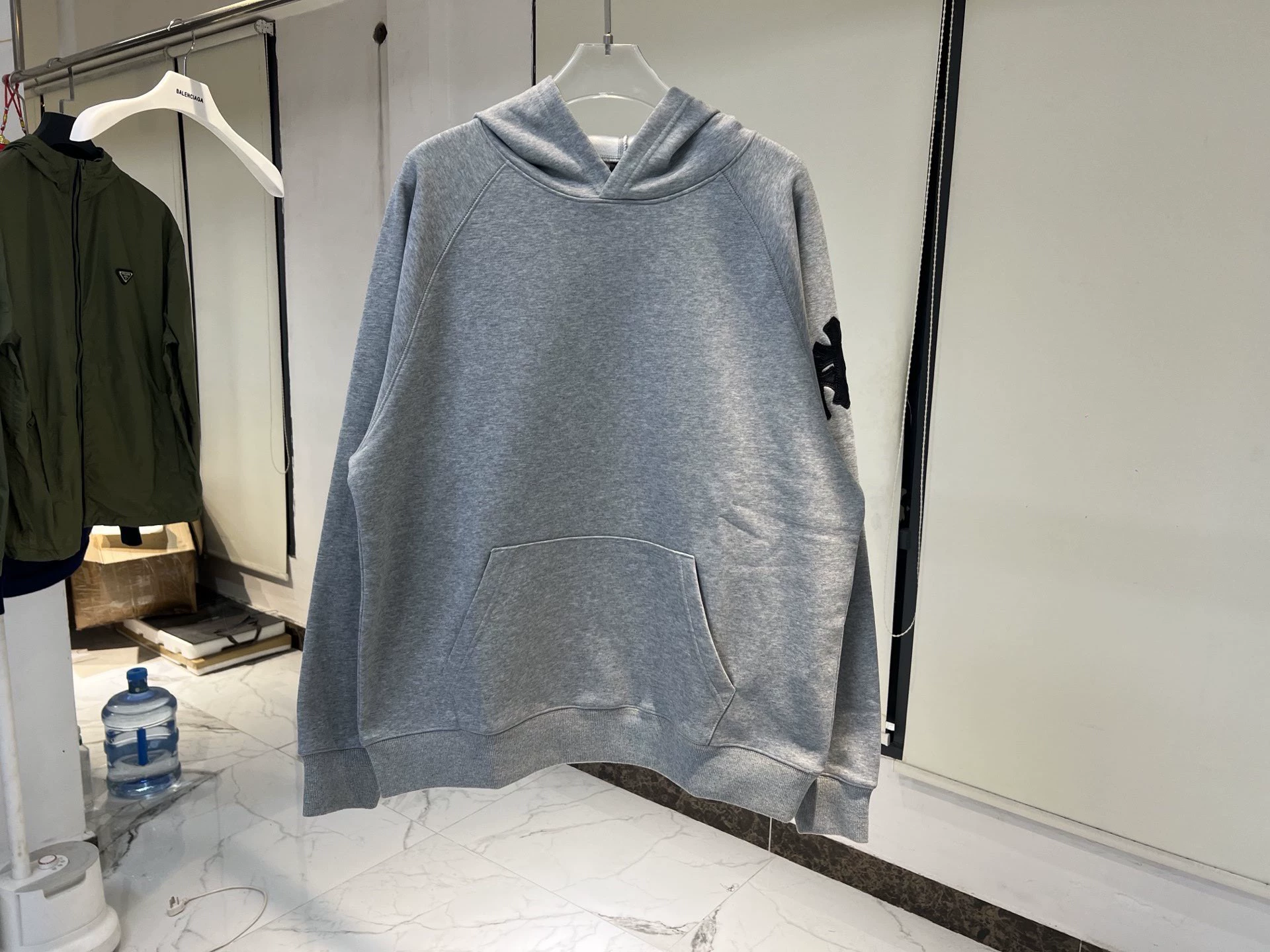 Chrome Hearts Grey Leather Cross Hooded Sweatshirt