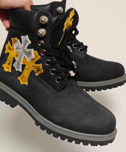 Chrome Hearts silver-white boots with bright yellow cross pattern