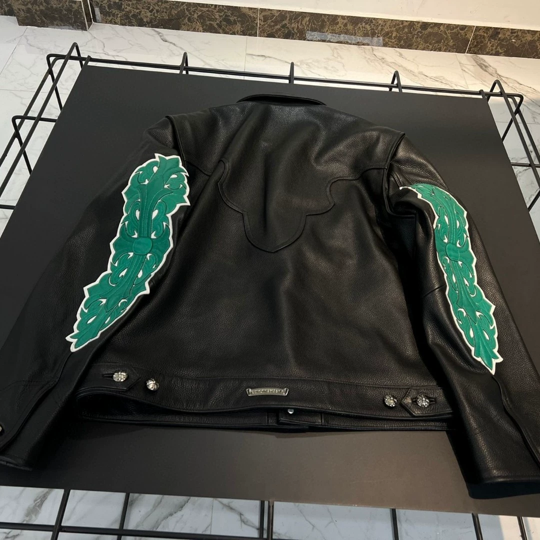 Chrome Hearts green leather jacket with leather arm protectors - Image 2