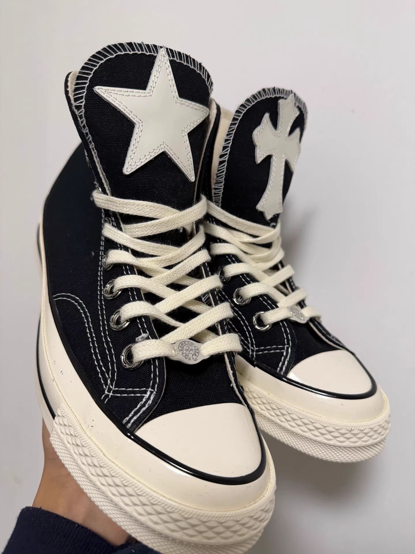 Chrome Hearts white star and cross leather pattern paired with Converse