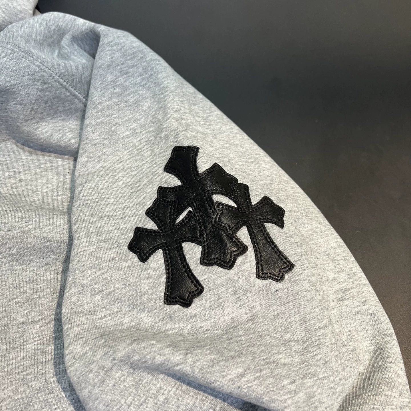 Chrome Hearts Grey Leather Cross Hooded Sweatshirt - Image 7
