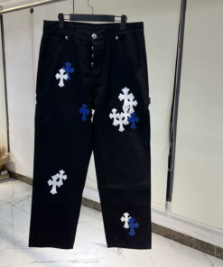 Chrome Hearts blue and white cross patchwork leather cargo jeans