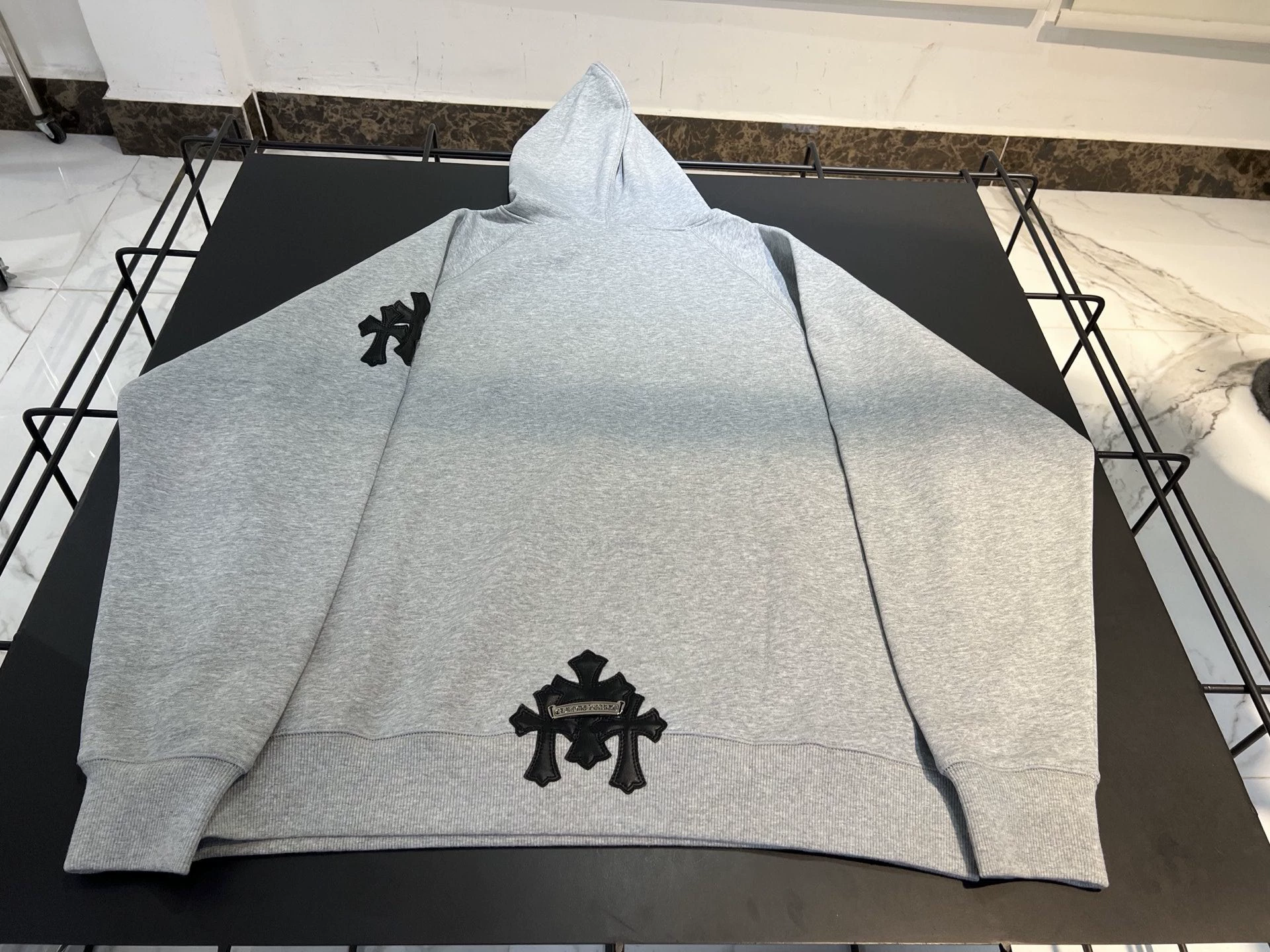 Chrome Hearts Grey Leather Cross Hooded Sweatshirt - Image 2