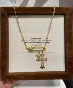 925 Sterling Silver Chrome Hearts CH Necklace with Double Cross and White Diamonds, made entirely of 925 Sterling Silver Plated with 22k Gold.