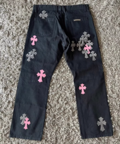 Alternative view of Chrome Hearts black jeans with pink and black and white checkered cross patch