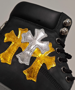 Alternative view of Chrome Hearts silver-white boots with bright yellow cross pattern