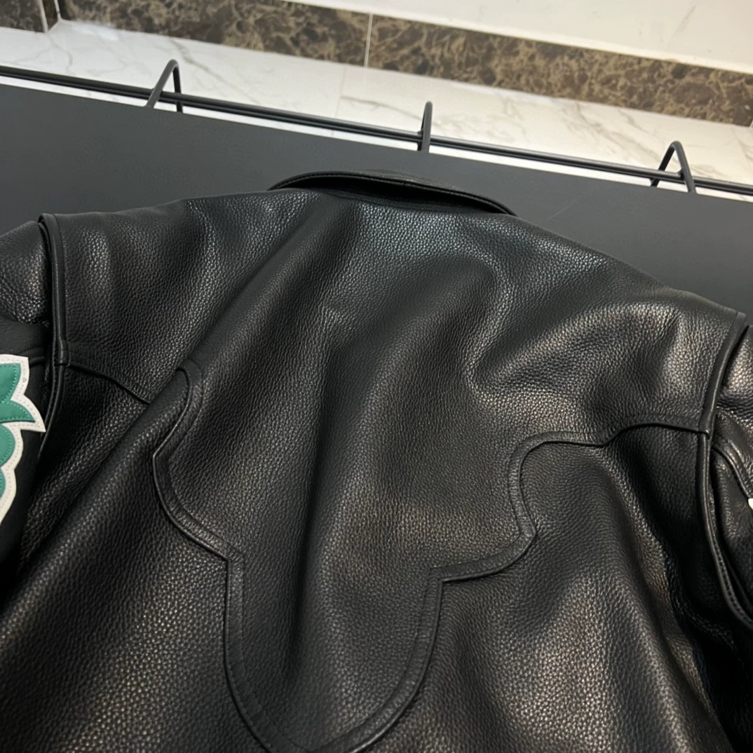 Chrome Hearts green leather jacket with leather arm protectors - Image 3