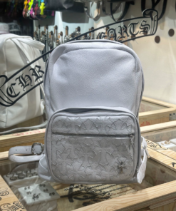 ChromeHearts+ White Cross-Panel Leather Backpack. Made of cowhide leather with 925 sterling silver platinum-plated hardware, featuring a cross-pattern zipper and silver buckle on the shoulder strap