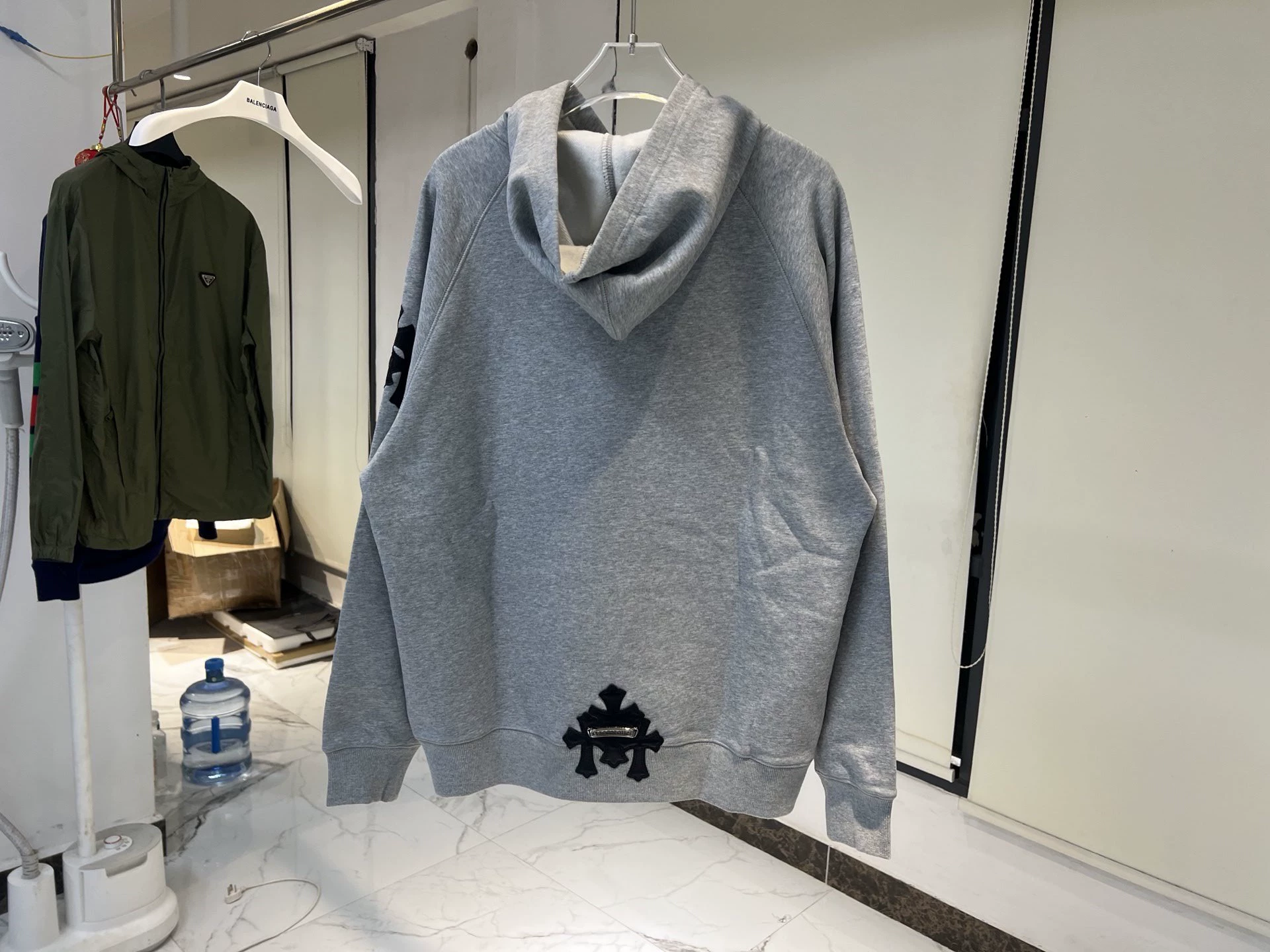 Chrome Hearts Grey Leather Cross Hooded Sweatshirt - Image 3