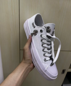 Alternative view of Remake Chrome Hearts leather Converse sneakers in pure white.