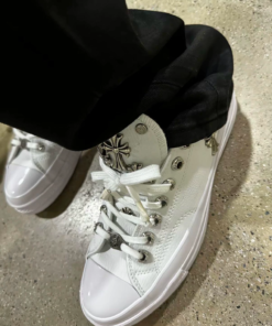 Remake Chrome Hearts leather Converse sneakers in pure white.