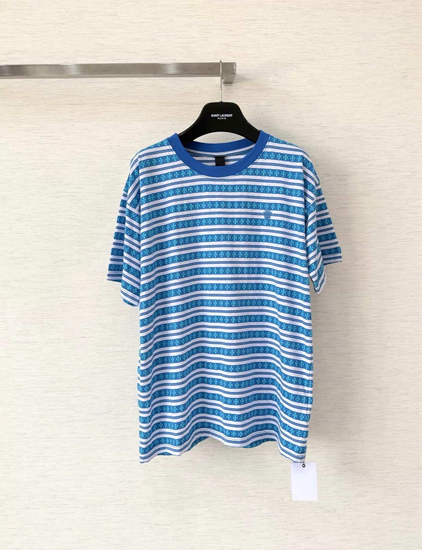 Chrome Hearts blue and white striped cross pattern short-sleeved T-shirt