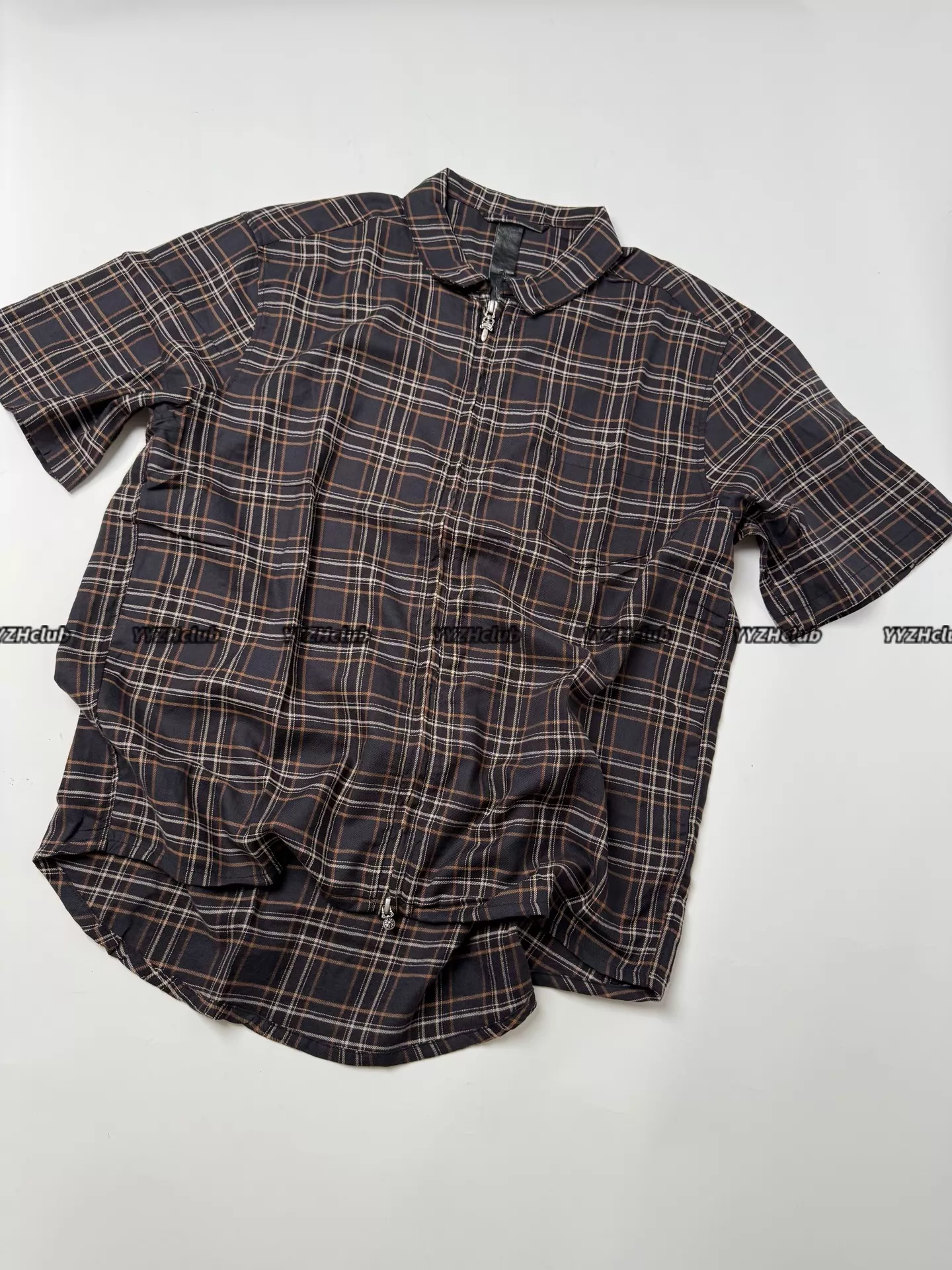 Chrome Hearts yarn-dyed plaid double-zip sword-style shirt/t-shirt