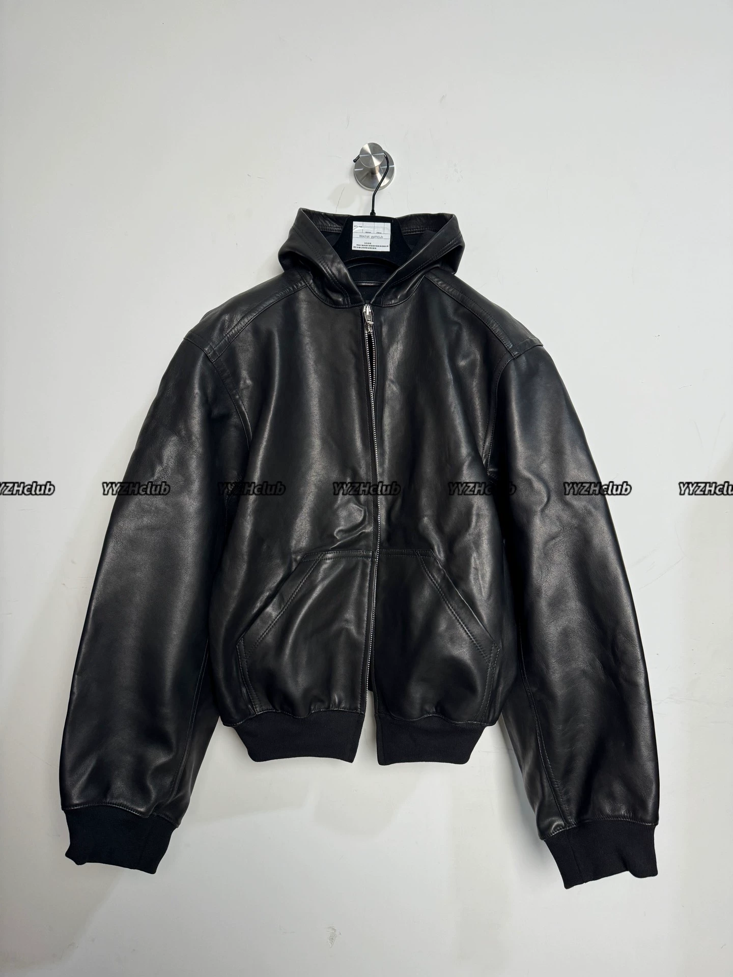 B-24Fall Top Grain Leather Zipper Bomber Leather Jacket, Black with Waxed Appliqué Hooded Leather Jacket