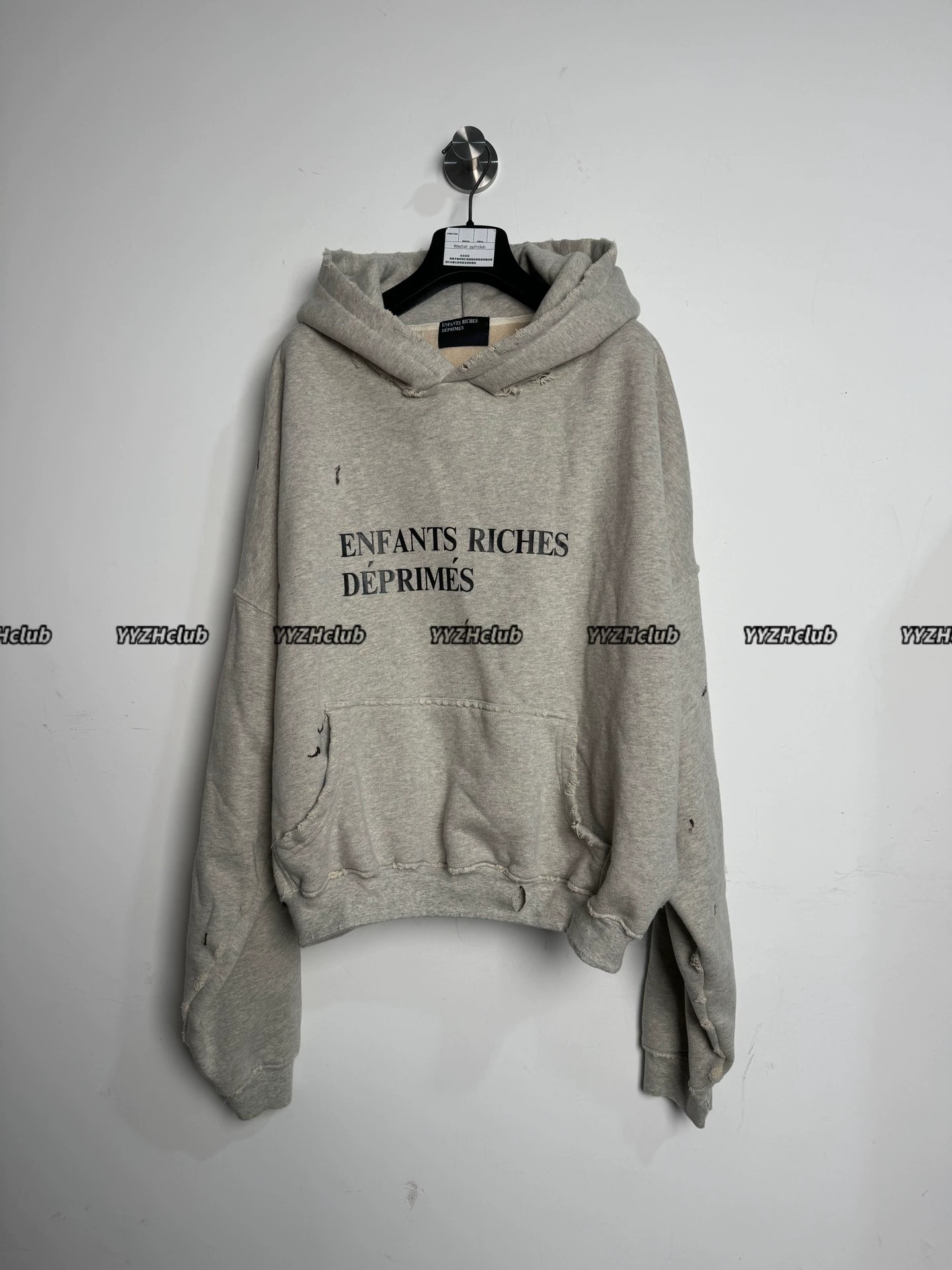 ERD Melancholy Rich Second Generation Ss24 Grey Sweatshirt with Heather Gray Slogan Destructive Splatter and Fleece Trim