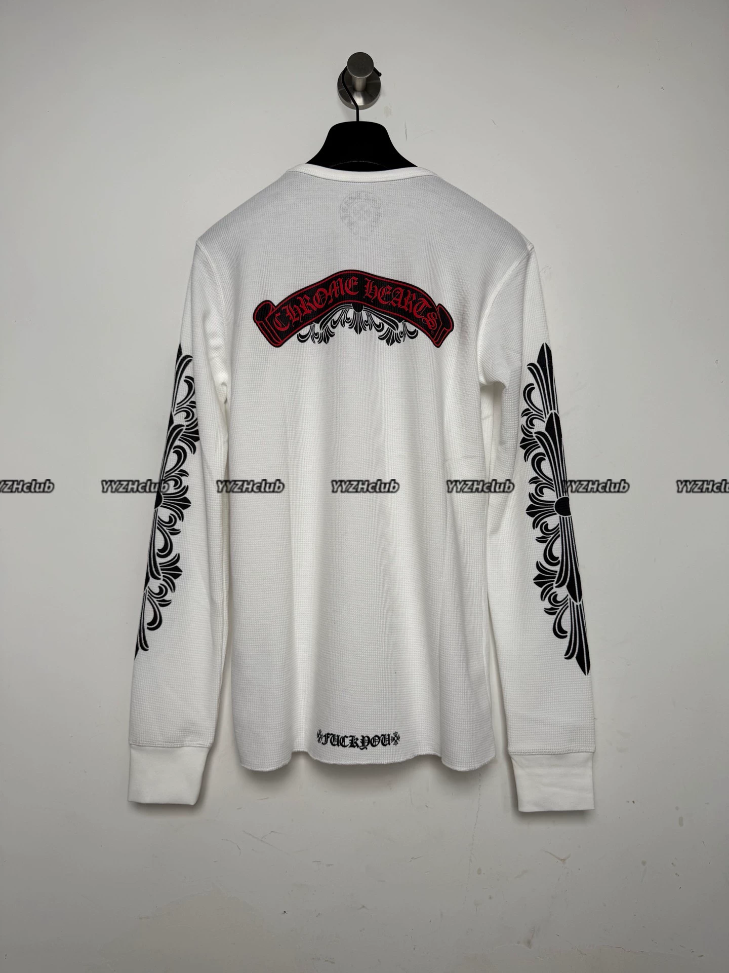 Chrome Hearts Black and Red Scroll, Kirin Arm, White Waffle Long-Sleeve