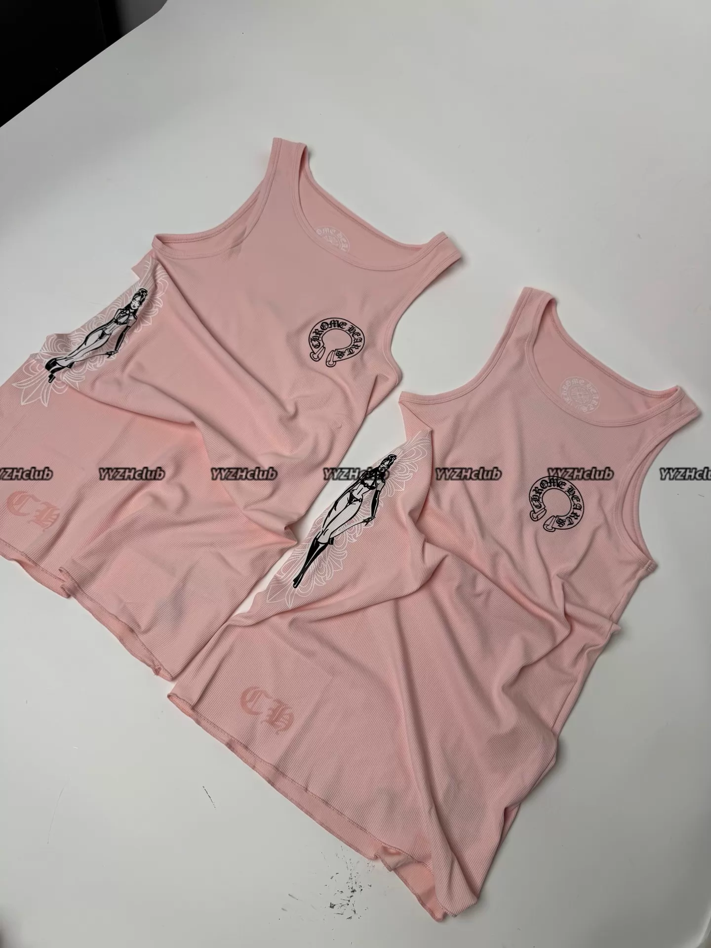 ChromeHearts Pink Horseshoe Goddess Print Waffle Vest Dress