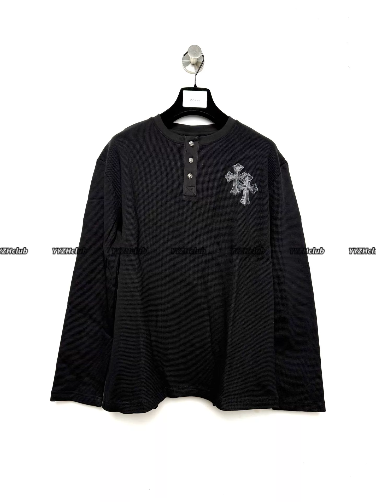 Chrome Hearts 25ss Black Waffle Knit Long-Sleeve T-Shirt with Cross Patchwork, Rivets, Buttons, Henley Collar, and Base Layer