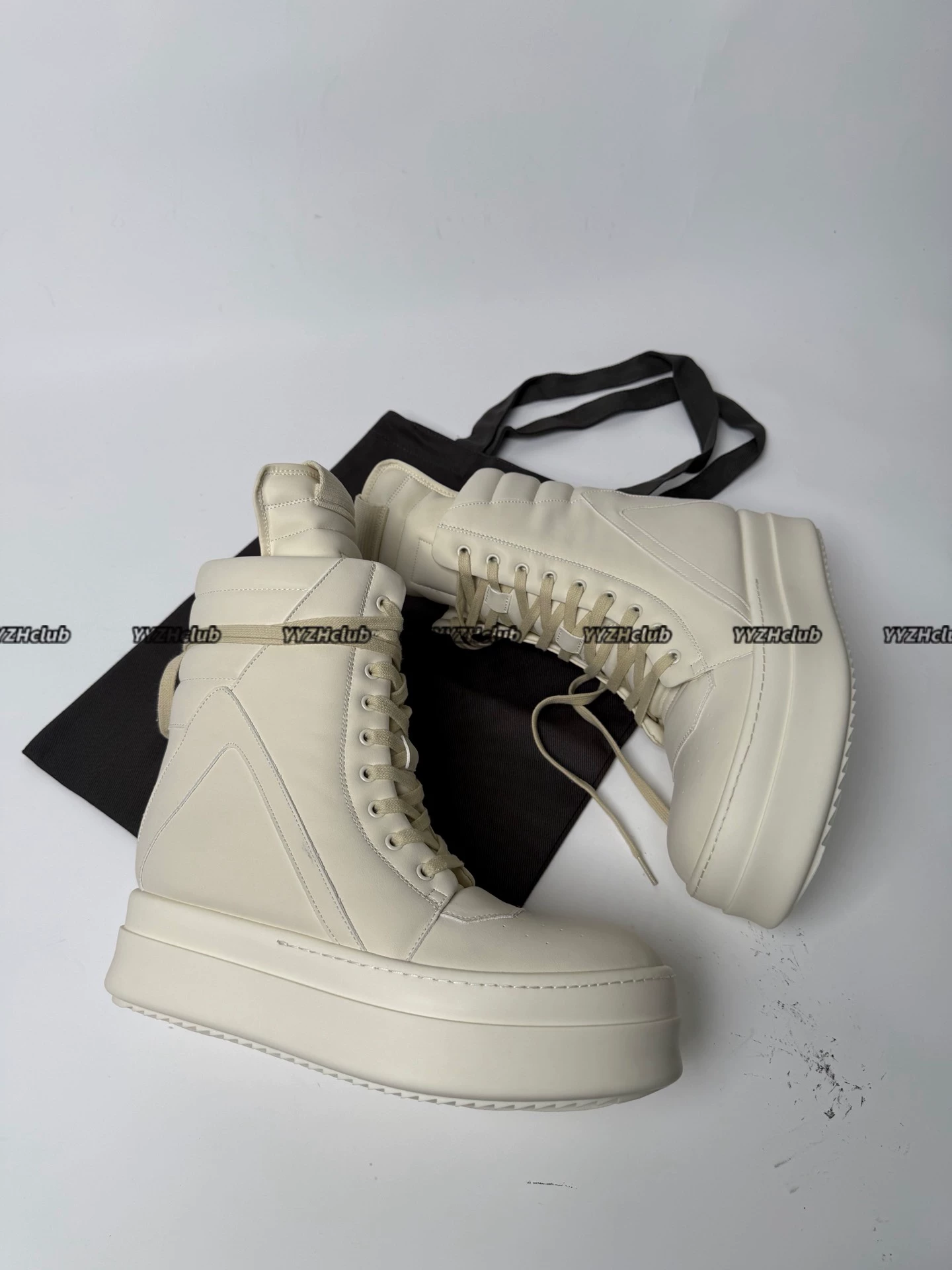 Alternative view of Rick Owens  Ro 25Fw Mega Geobask top-grain cowhide, massive 9-hole thick-soled inverted triangle off-white boots
