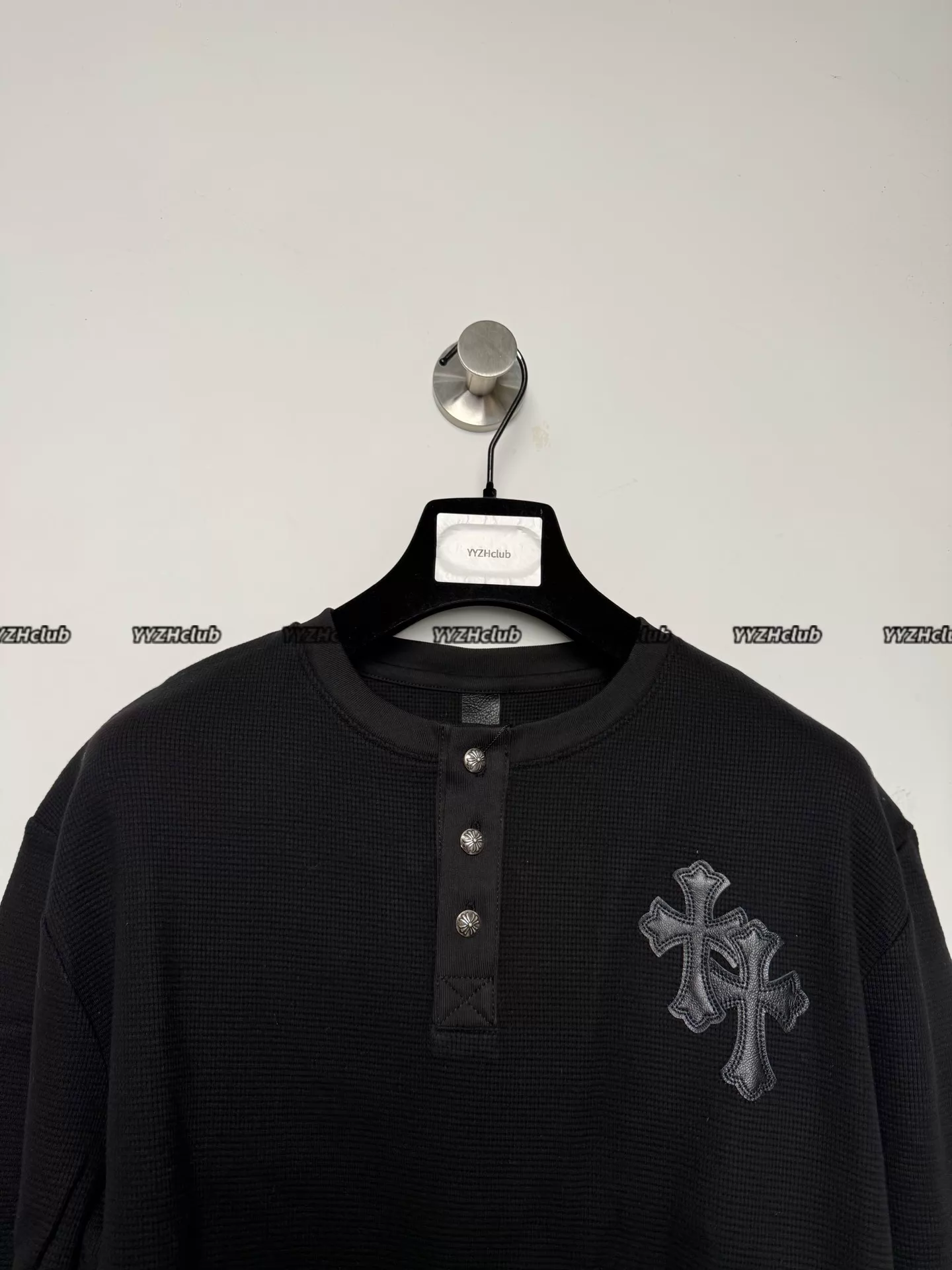 Alternative view of Chrome Hearts 25ss Black Waffle Knit Long-Sleeve T-Shirt with Cross Patchwork, Rivets, Buttons, Henley Collar, and Base Layer
