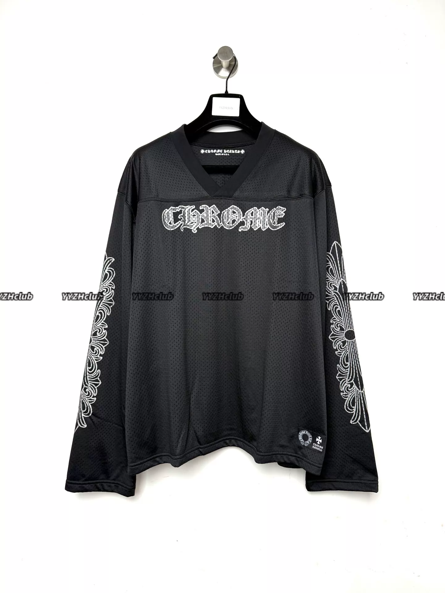 Chrome Hearts Black Hockey Jersey, Mesh Sports Fabric, V-neck Long Sleeve