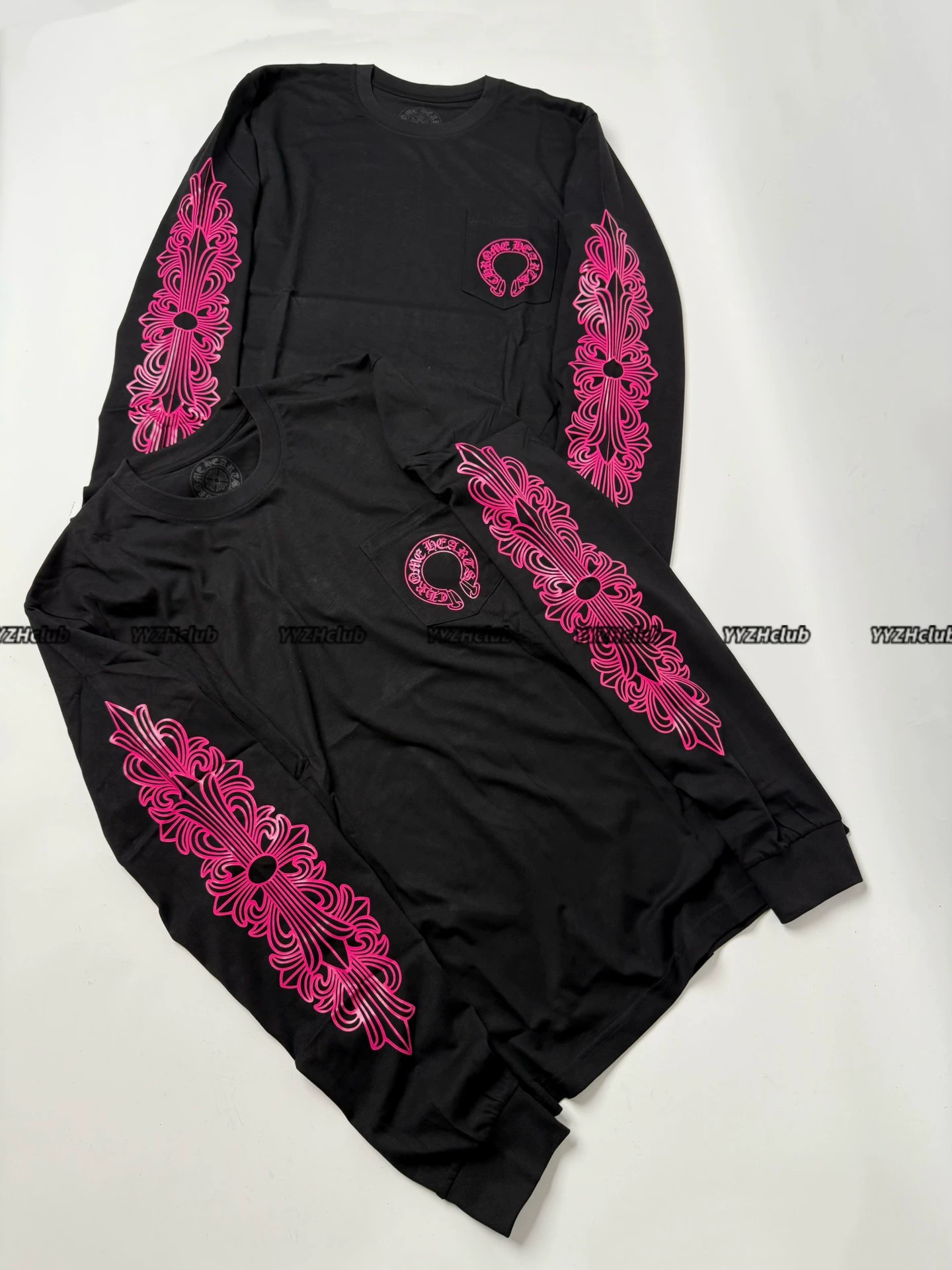 Chrome Hearts Black & Pink Long-Sleeve with Horseshoe Print and Kirin Arm Sleeves