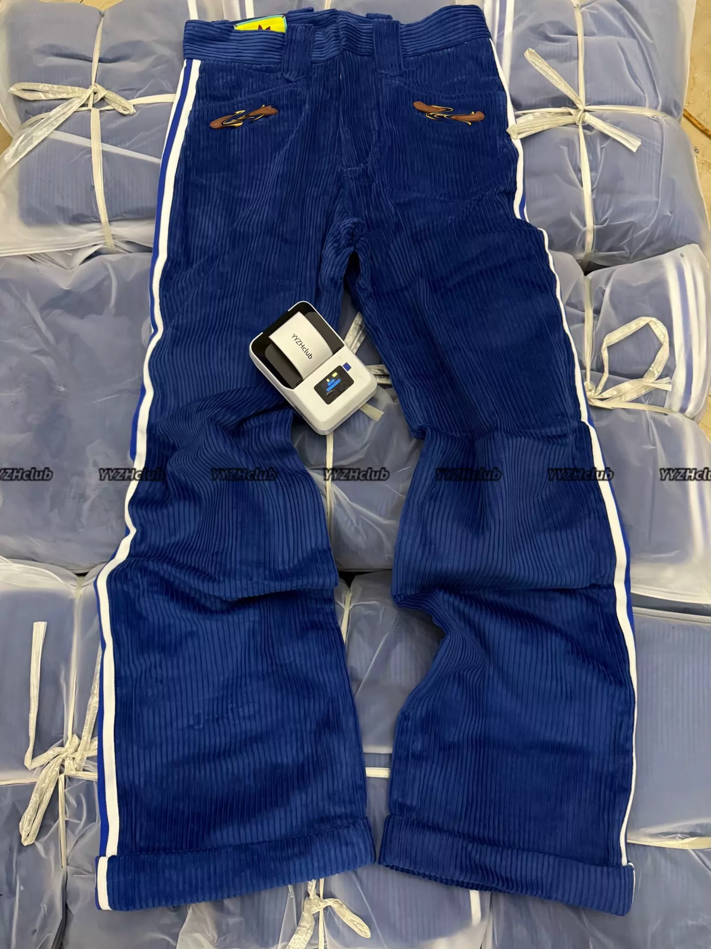 YYZHclub Saddle Buckle Collaboration - Royal Blue Corduroy Pants with Saddle Buckle, Lock, Striped Straight Leg, Sweatpants